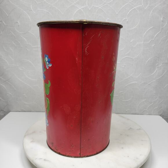 VTG Harvell Tolled Metal Trash Can 12" Red Floral Painted Oval MCM Wastebasket - Picture 16 of 16